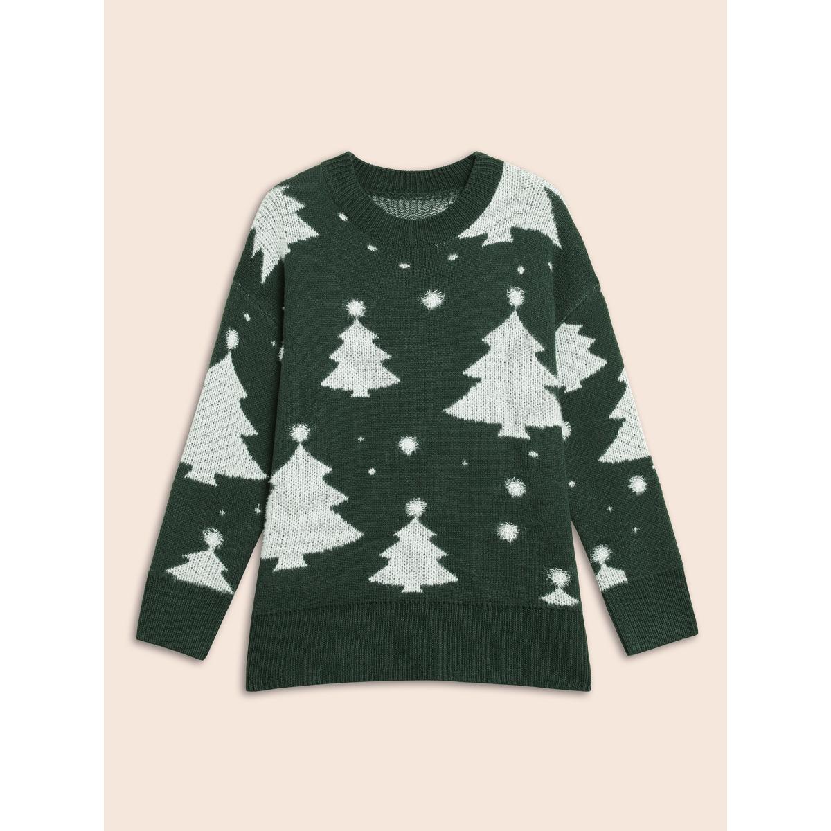 Plus Size Festive Trees Ribbed Detailing Pullover DarkGreen Women Casual Loose Long Sleeve Round Neck Everyday Pullovers BloomChic 18-20/2X Product Image