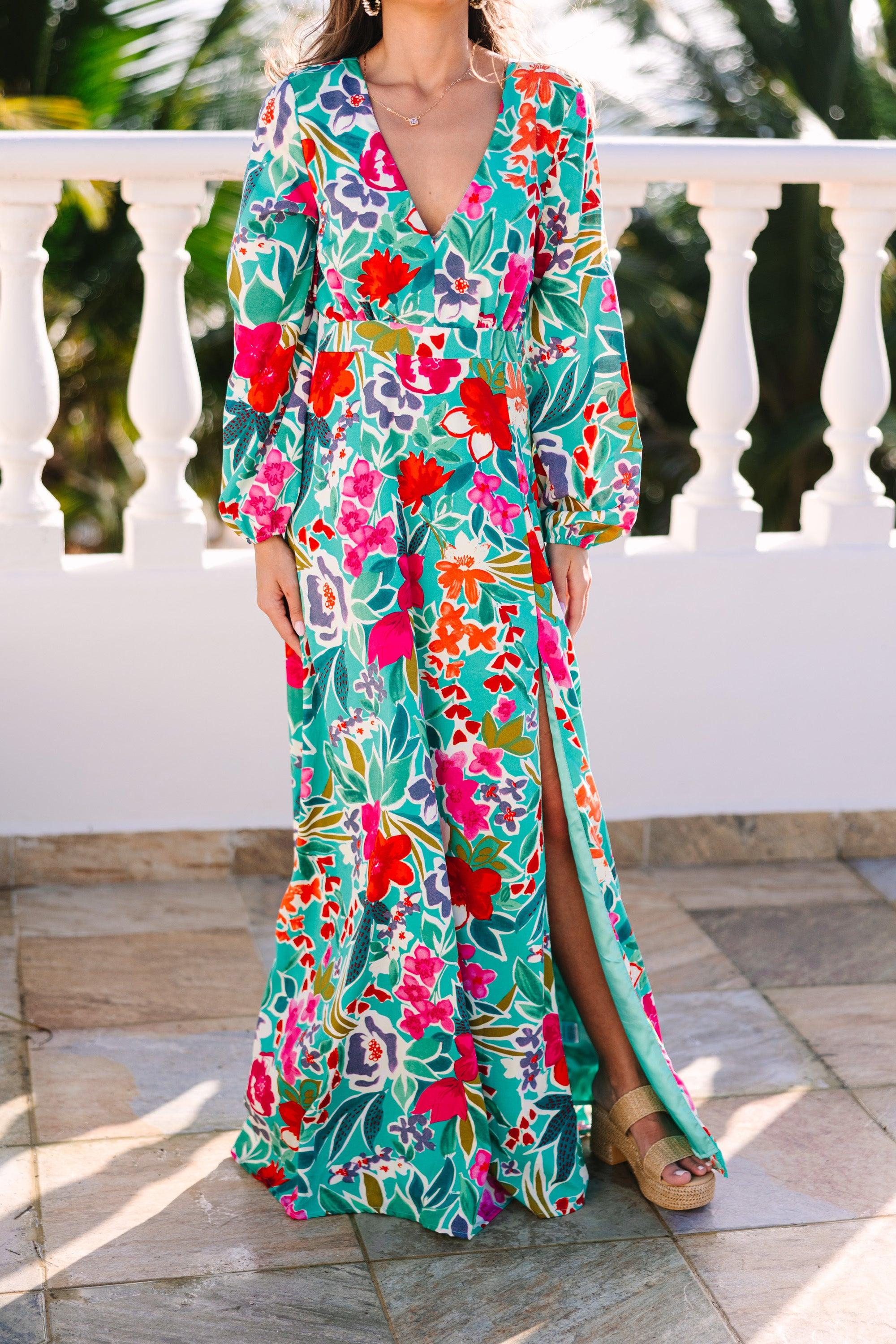 Just Feels Right Teal Blue Floral Maxi Dress Female Product Image