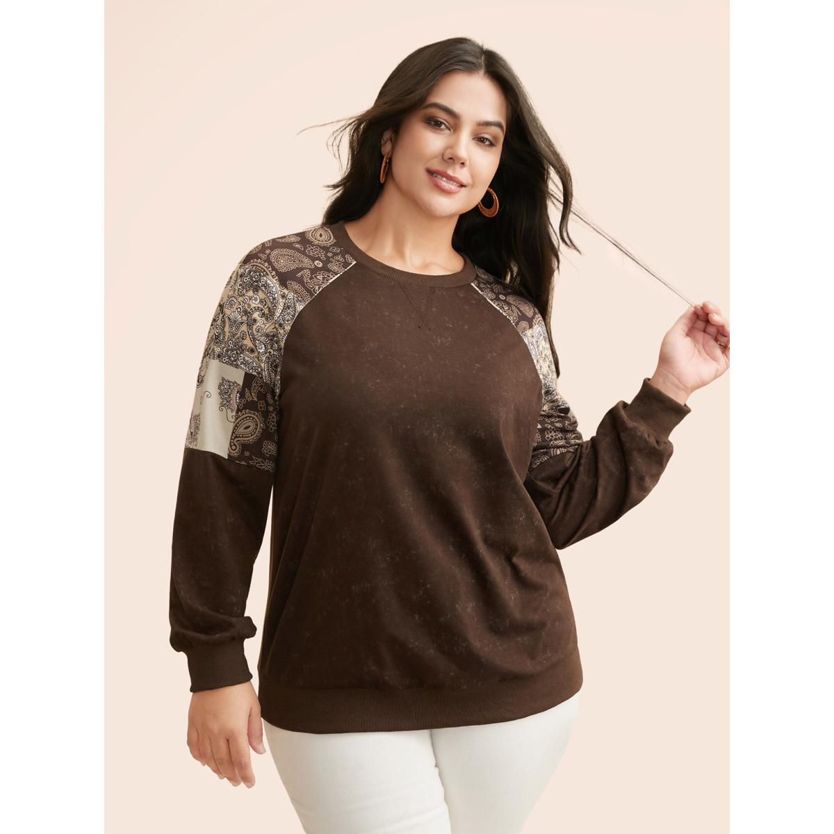 Plus Size Vintage Boho Print Patchwork Sweatshirt Women DarkBrown Casual Contrast Round Neck Everyday Sweatshirts BloomChic 18-20/2X Product Image