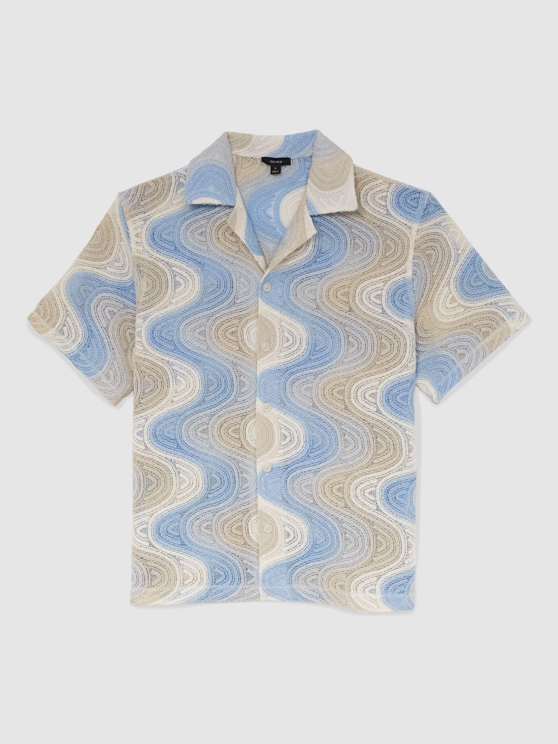 Wave Crochet Cuban Collar Shirt in Blue Multi Product Image