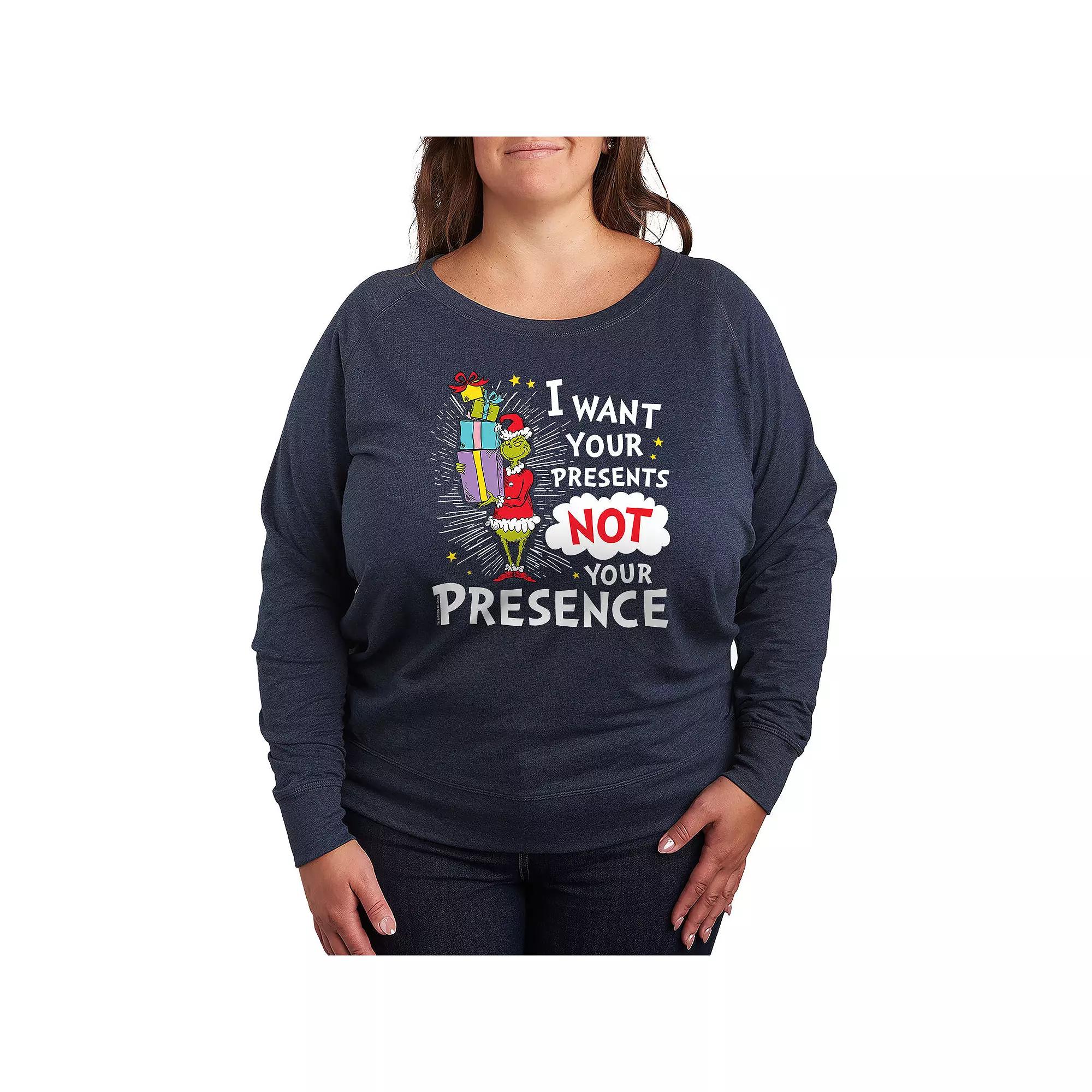 Plus Size Dr. Seuss The Grinch Presents Not Presence French Terry Long Sleeve Tee, Women's, Size: 4XL, Grey Indigo Product Image
