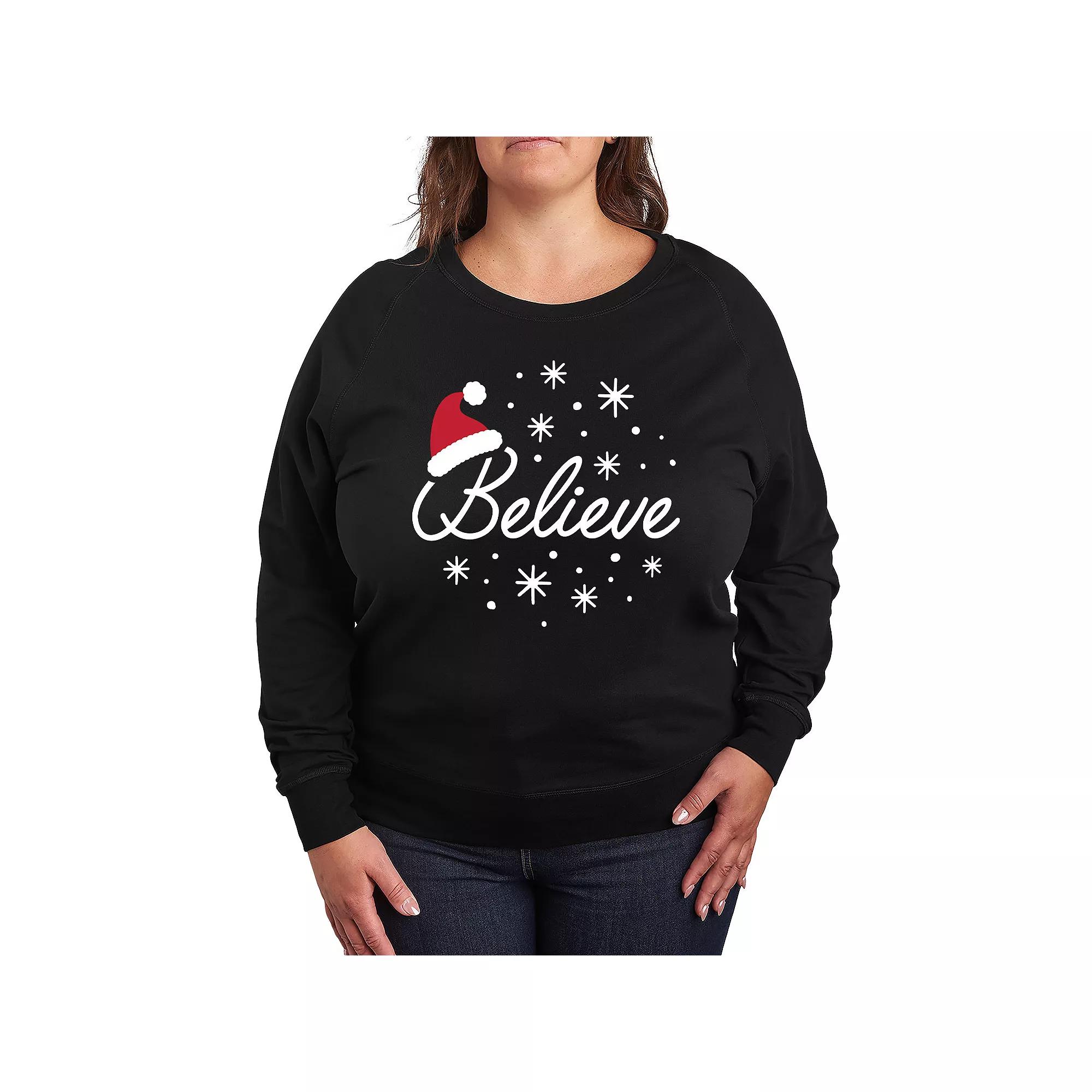 Plus Size Believe With Santa Hat French Terry Long Sleeve Tee, Women's, Size: 1XL, Black Product Image
