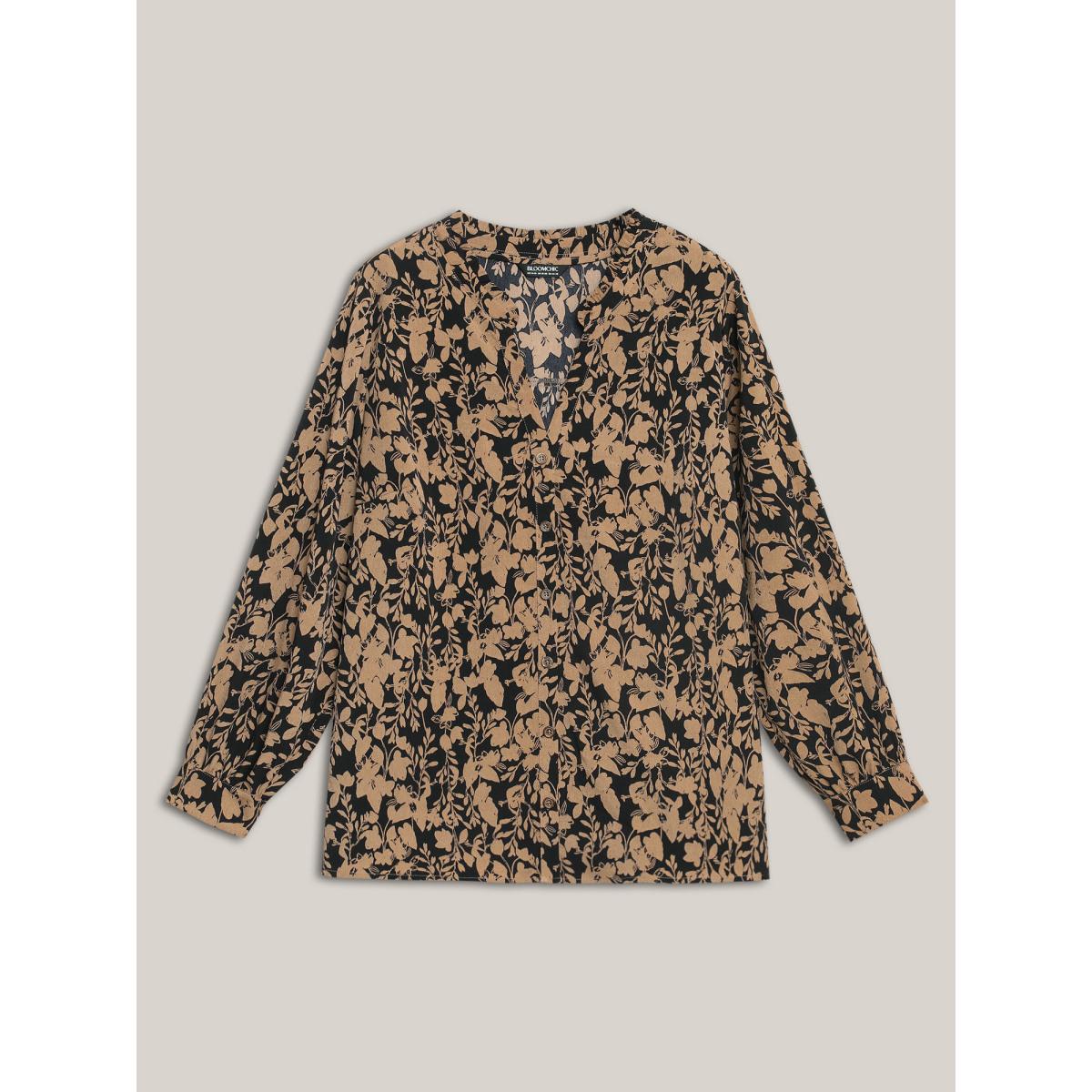 Plus Size BlackFlower Silhouette Floral Print Notched Frill Trim Blouse Women Elegant Long Sleeve Notched collar Everyday Blouses BloomChic 14-16/1X Product Image