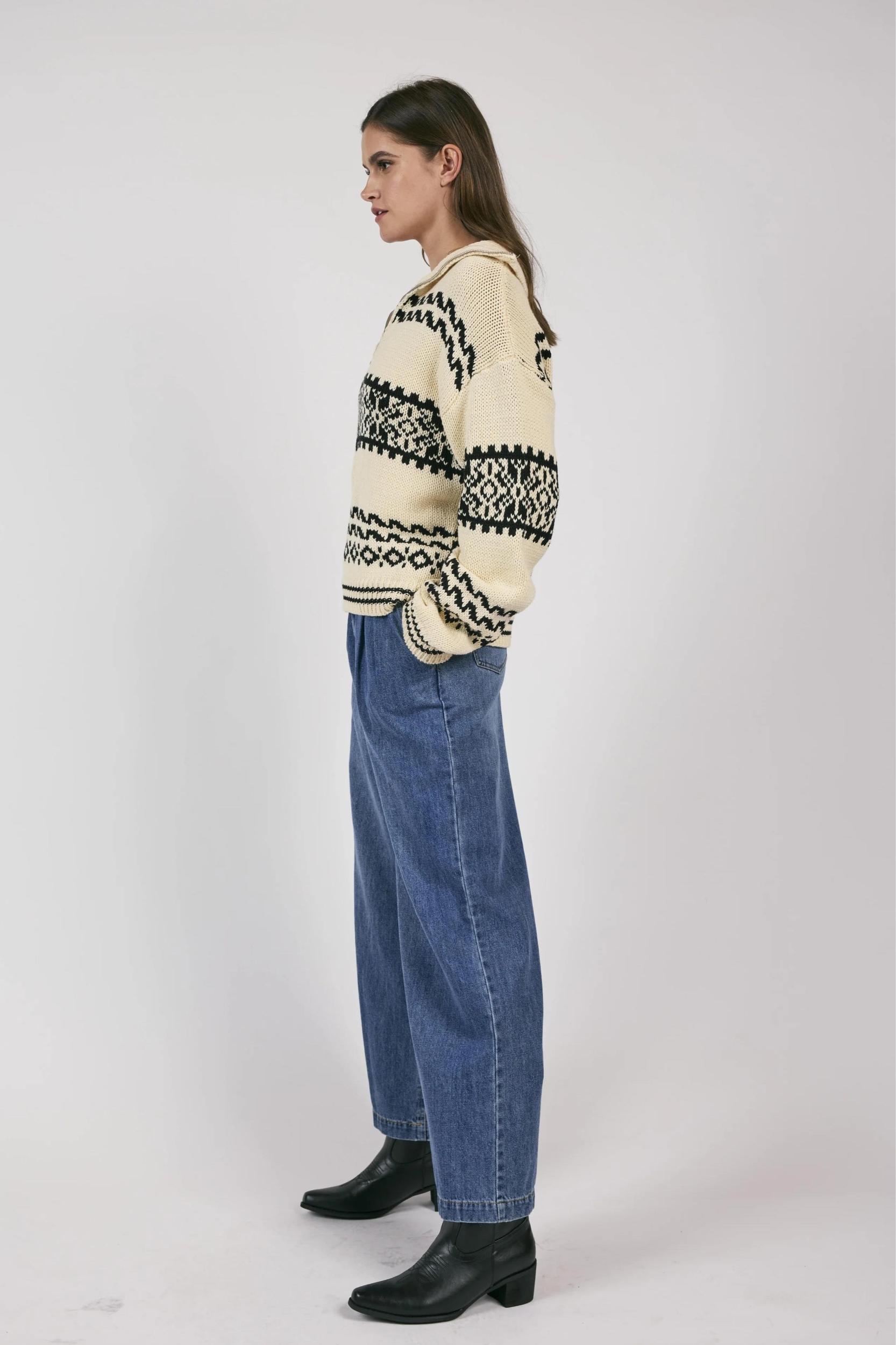 Great Outdoor Half Zip Sweater- Cream/Black Product Image