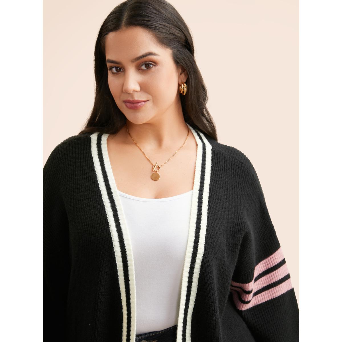 Plus Size Contrast Striped Drop Shoulder Cardigan Black Women Casual Loose Long Sleeve Everyday Cardigans BloomChic 10/M Product Image