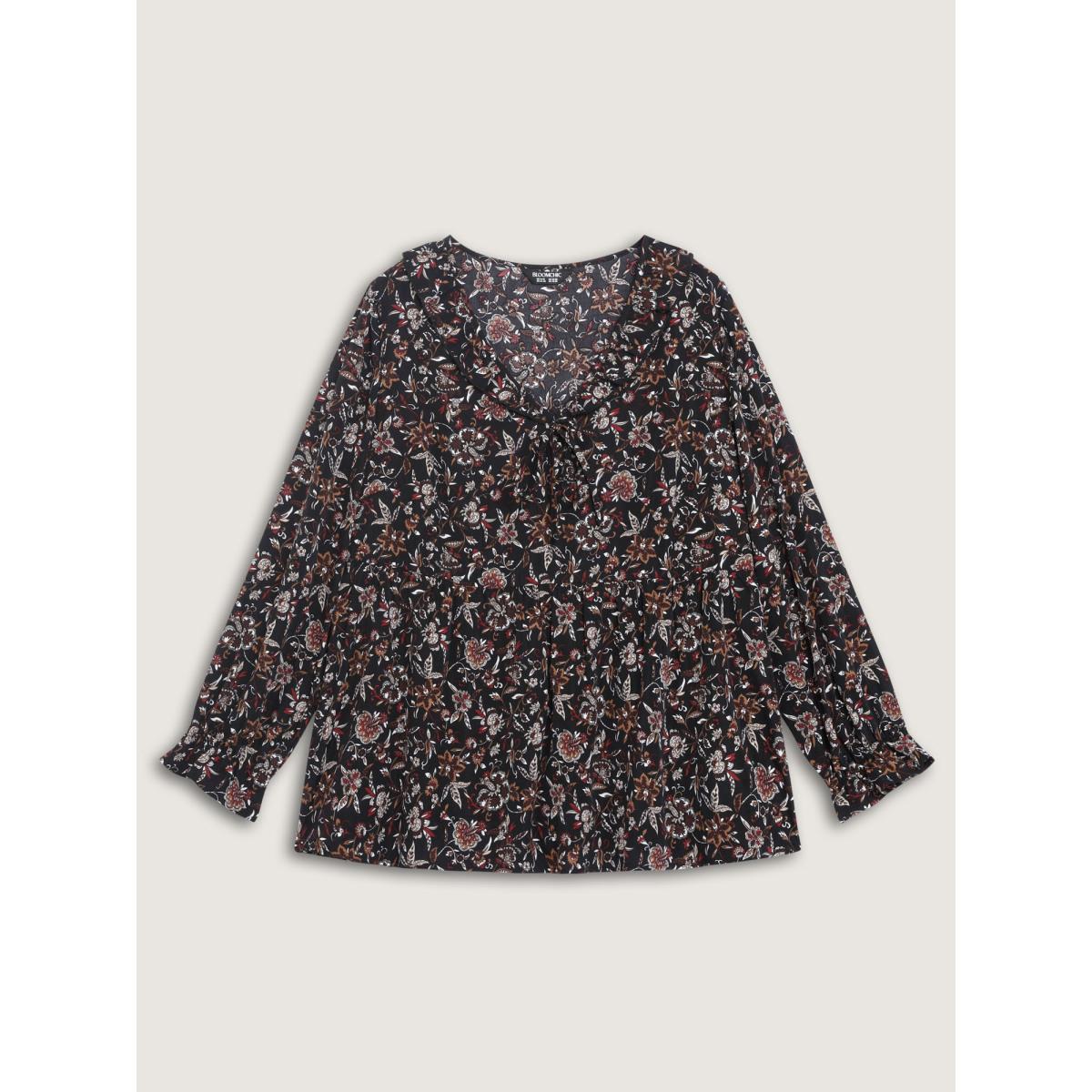 Plus Size Black Floral Print Ruffled Neck Blouse Women Boho Extra Long Sleeve V-neck Vacation Blouses BloomChic 14-16/1X Product Image