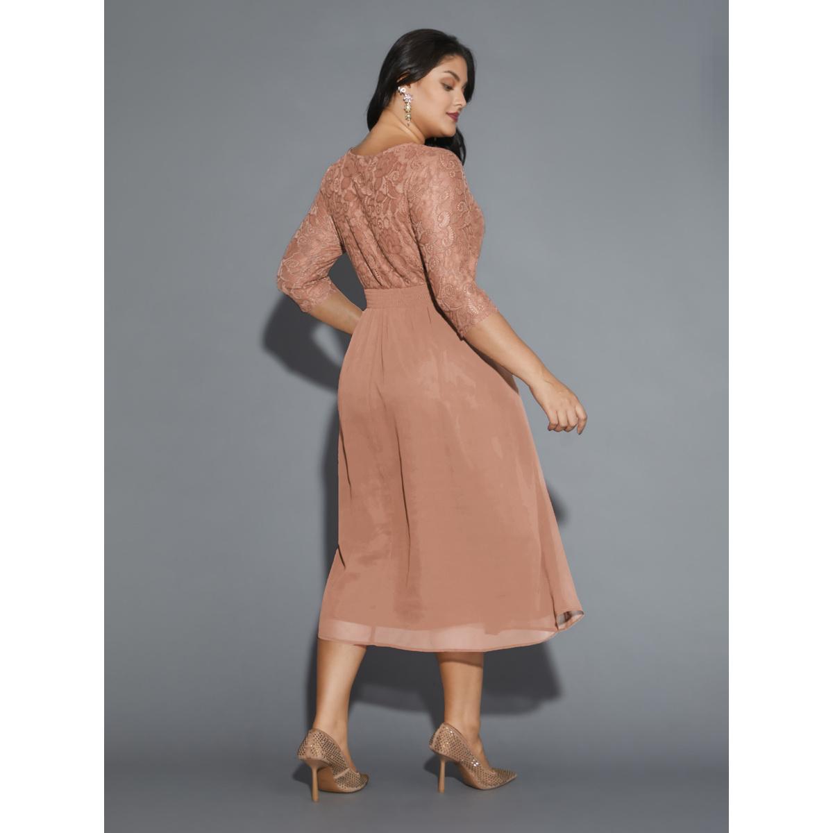 Plus Size Lace Patchwork Shirred Midi Pocket Dress Apricot Women Cocktail Woven ribbon&lace trim Round Neck Elbow-length sleeve Curvy BloomChic 14-16/1X Product Image