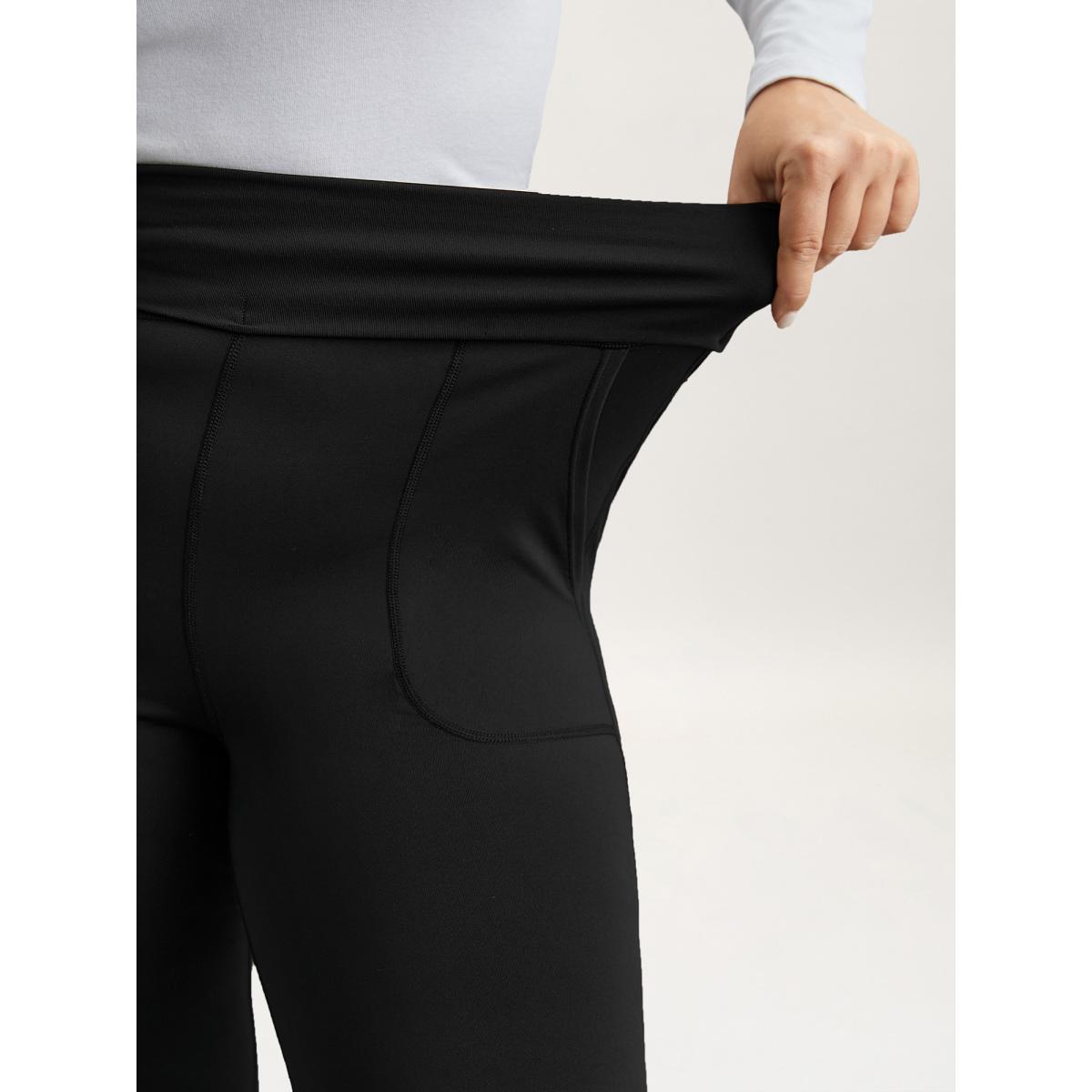 Plus Size Ruched Wide Waist Pockets Tight Pants Women Black Elegant High stretch Bootcut Mid Rise Everyday Leggings BloomChic 22-24/3X Product Image