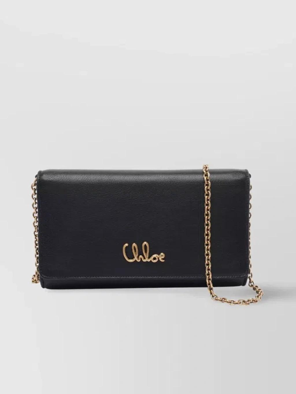 CHLOÉ Iconic Flap Wallet On Chain In Shiny Calfskin In Black Product Image