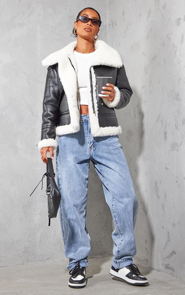 Black Faux Fur Lined Faux Leather Buckled Aviator Jacket Product Image