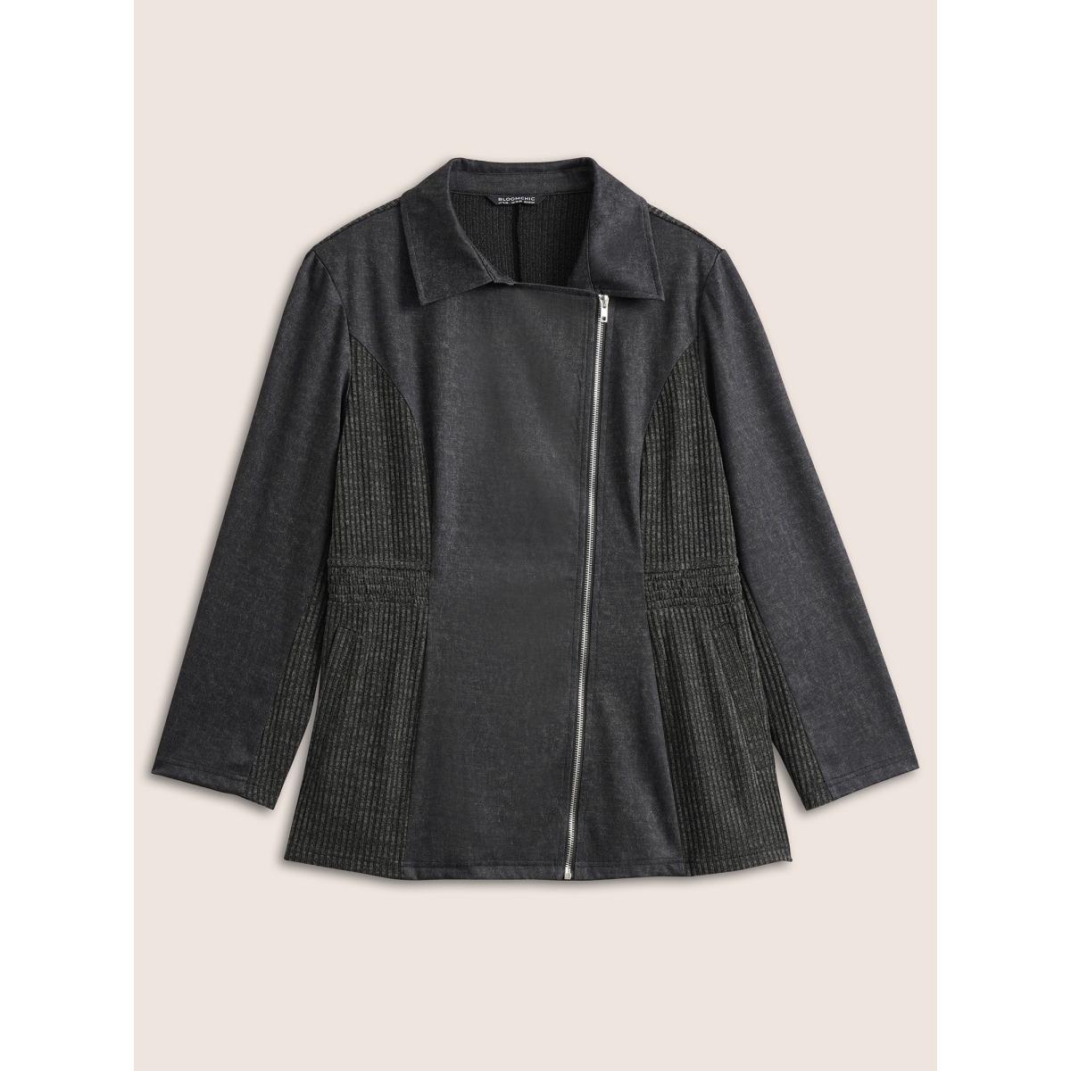 Plus Size Texture Patchwork Rib Knit Zipper Jacket Women DarkGray Non Side seam pocket Everyday Jackets BloomChic 22-24/3X Product Image