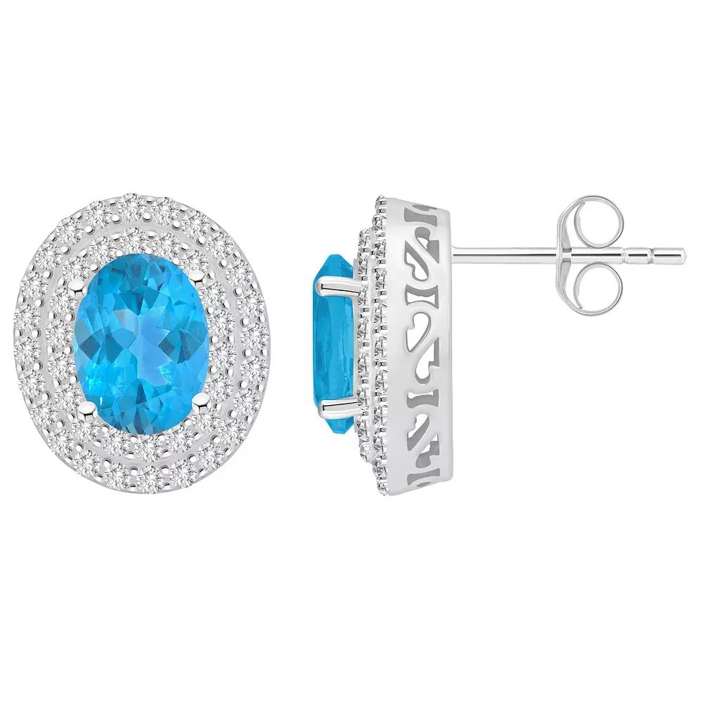 Celebration Gems Sterling Silver Oval-Cut Swiss Blue Topaz & White Topaz Double Halo Stud Earrings, Women's Product Image