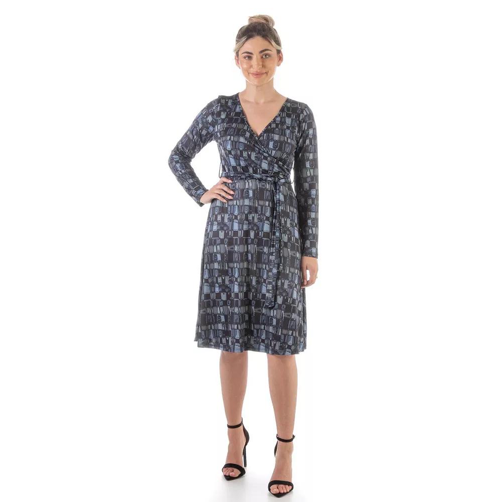 Women's 24Seven Comfort Apparel Faux-Wrap Print Midi Dress, Size: Small, Gray Blue Team Product Image