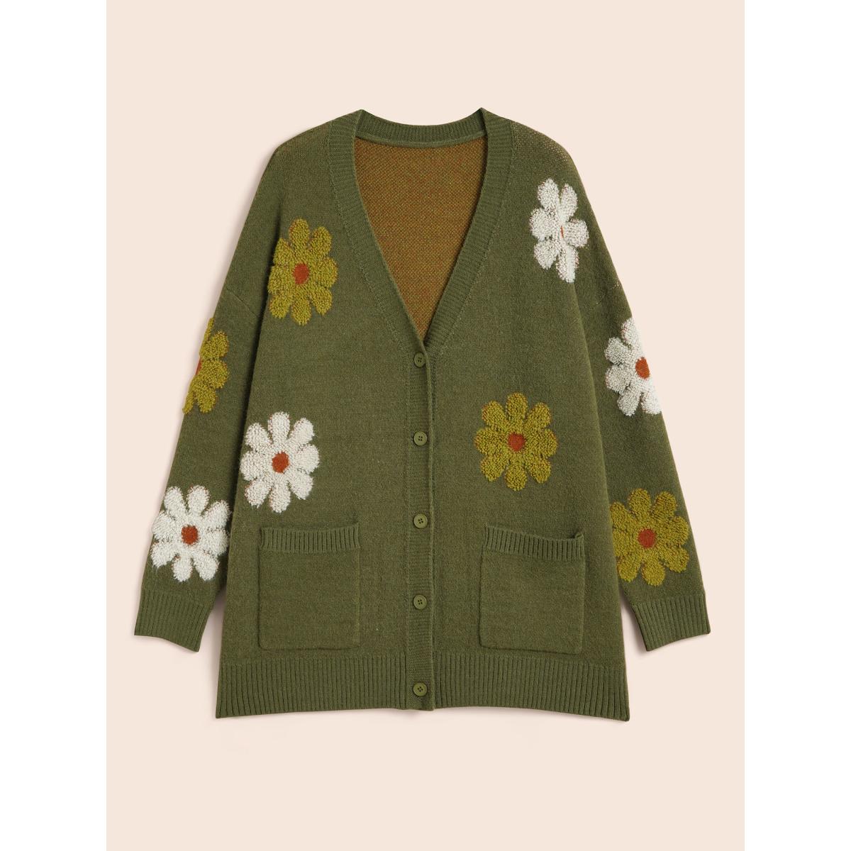 Plus Size Floral Texture Slit Hem Patch Pocket Cardigan ArmyGreen Women Casual Loose Long Sleeve Everyday Cardigans BloomChic 18-20/2X Product Image