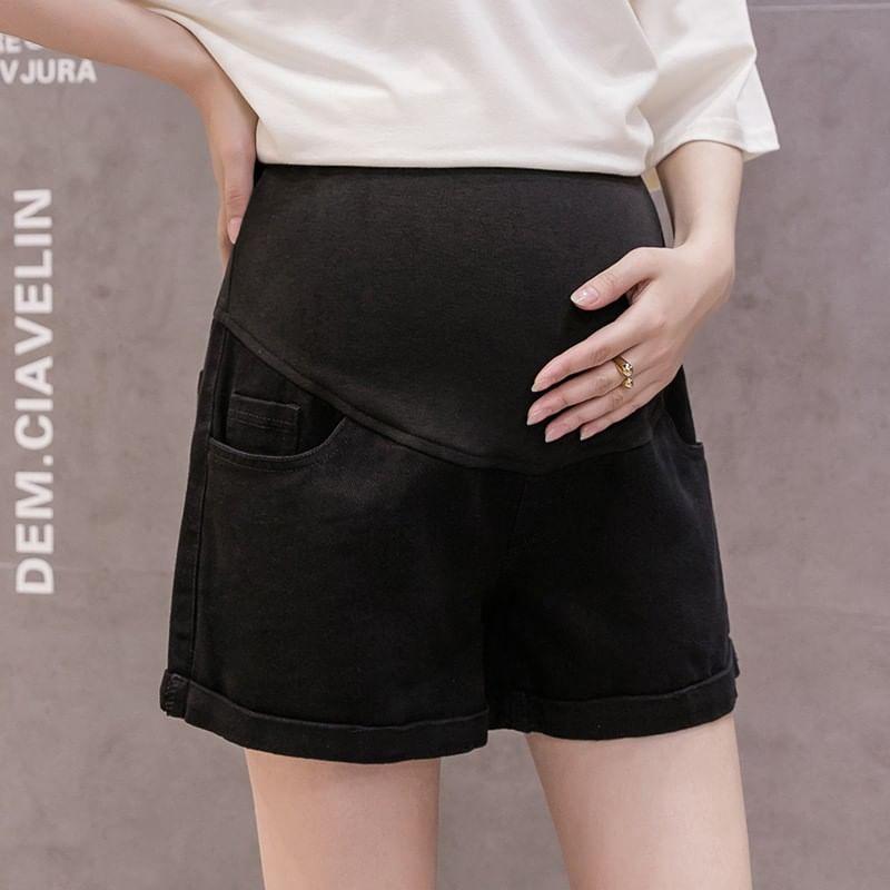 Maternity Low Rise Washed Frayed Distressed Denim Shorts Product Image
