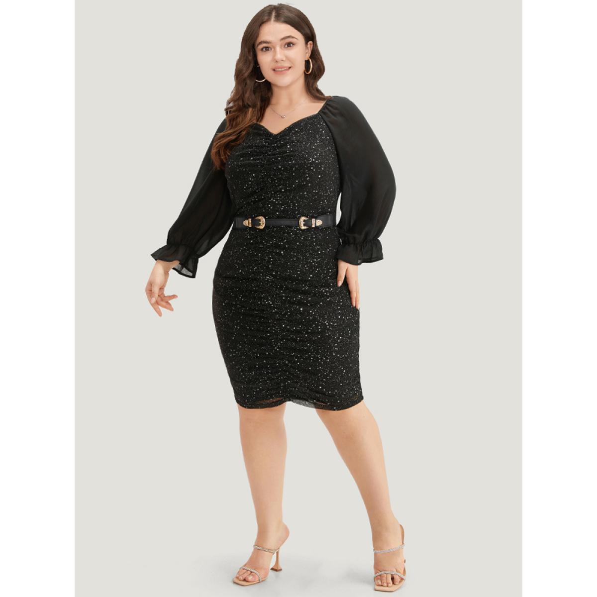 Plus Size Glitte Chiffon Square Neck Ruched Dress Black Women Party Gathered Square Neck Long Sleeve Curvy Knee Dress BloomChic 30/6X Product Image