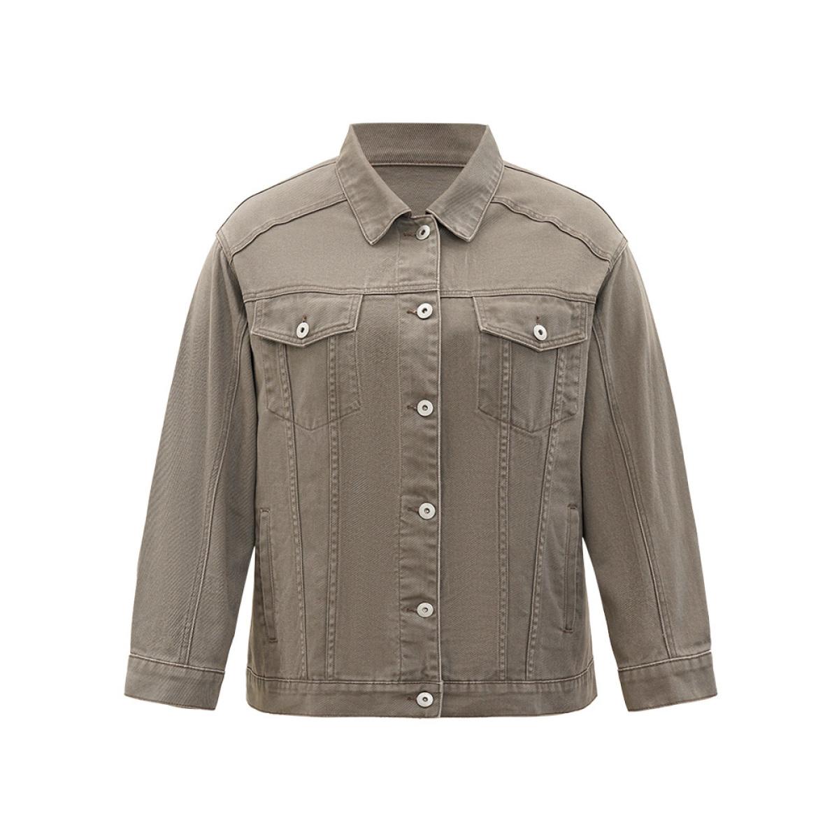 Women Solid Denim Button Fly Flap Pocket Light Wash Jacket LightBrown Plus Size Plain Button Everyday Pocket Casual Denim Jackets BloomChic 28/5X Product Image