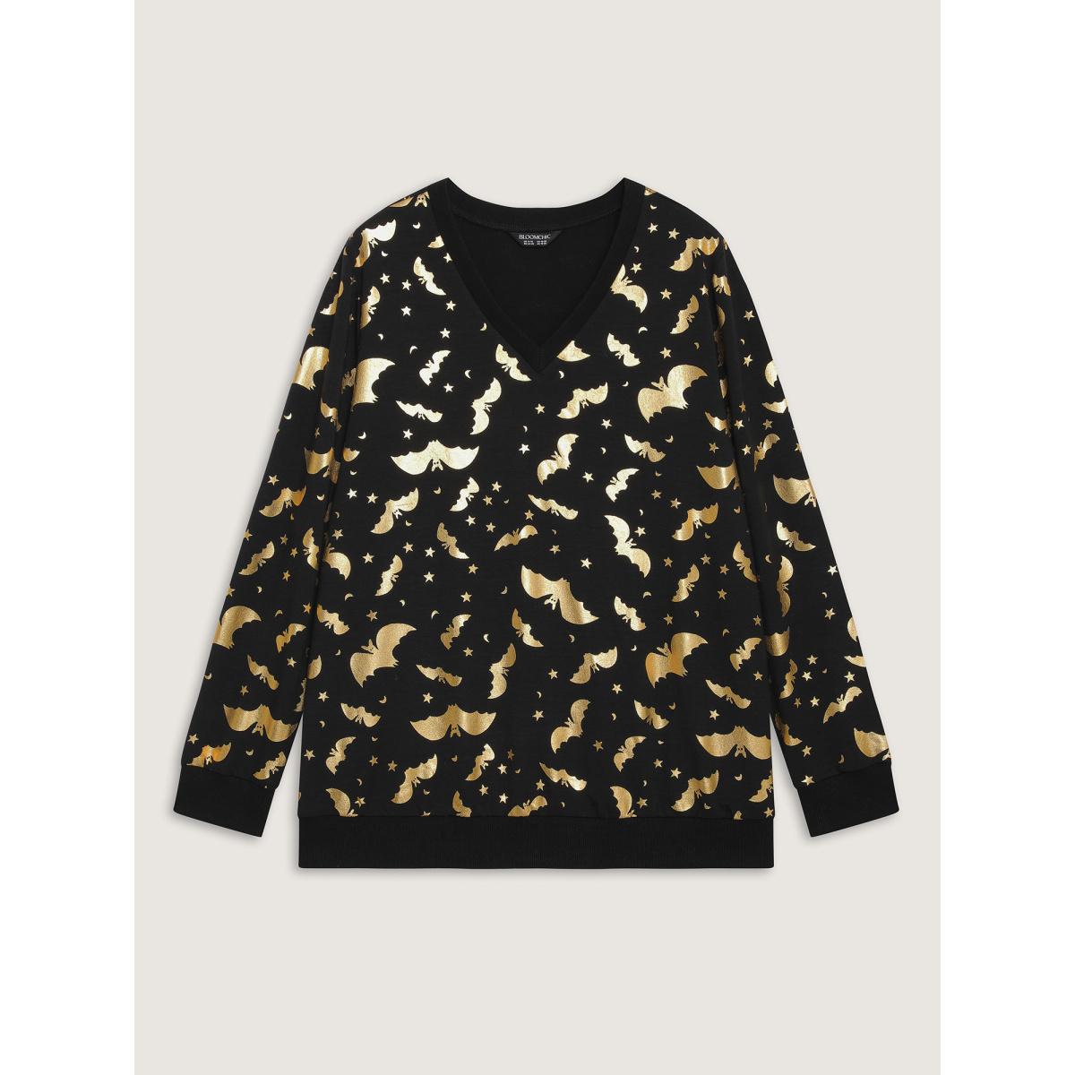 Plus Size Gold Bat Print Stretchy V-Neck Sweatshirt Women Black Leisure Non V-neck Casual Sweatshirts BloomChic 14-16/1X Product Image