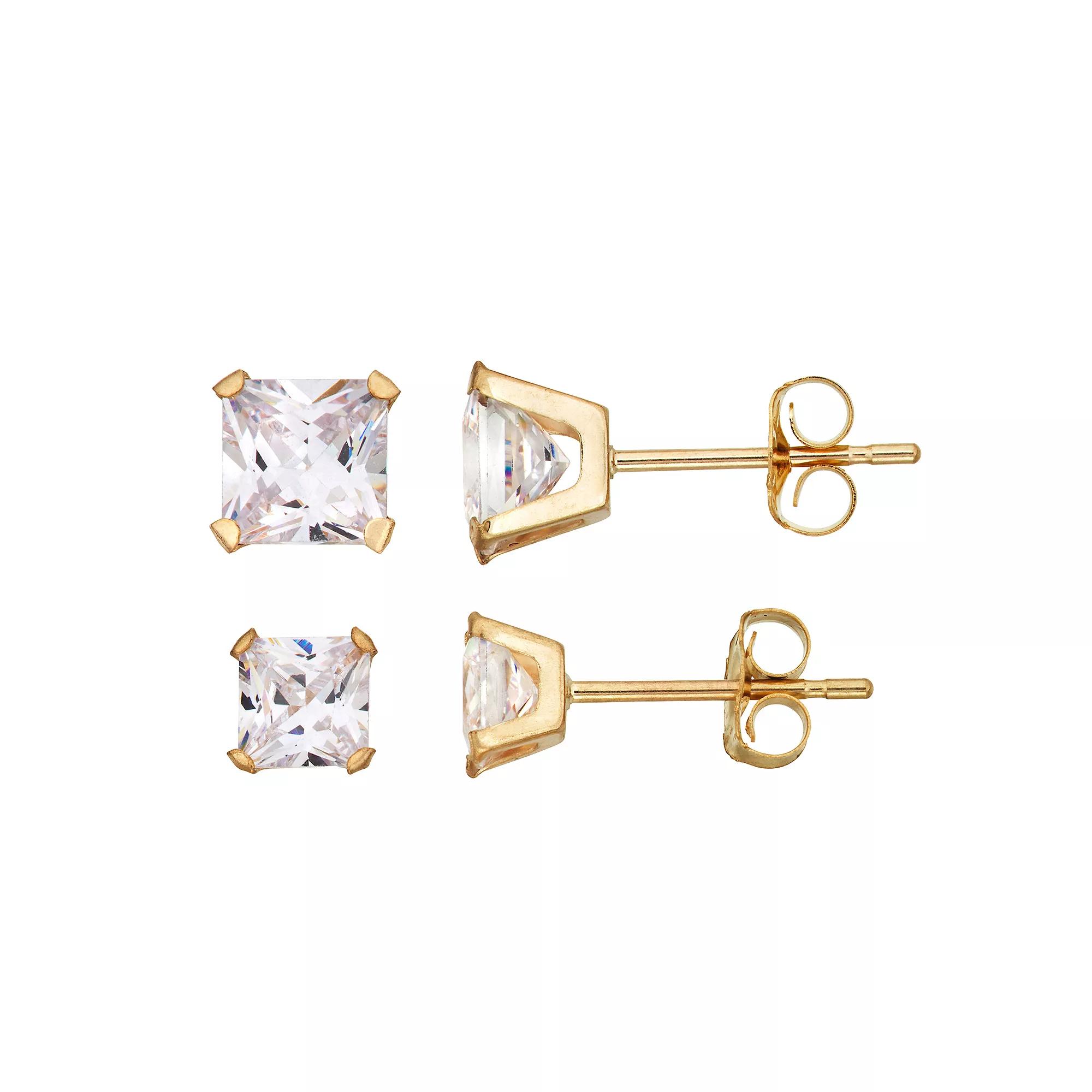 Taylor Grace 10k Gold Cubic Zirconia Square Stud Earring Set, Women's Product Image