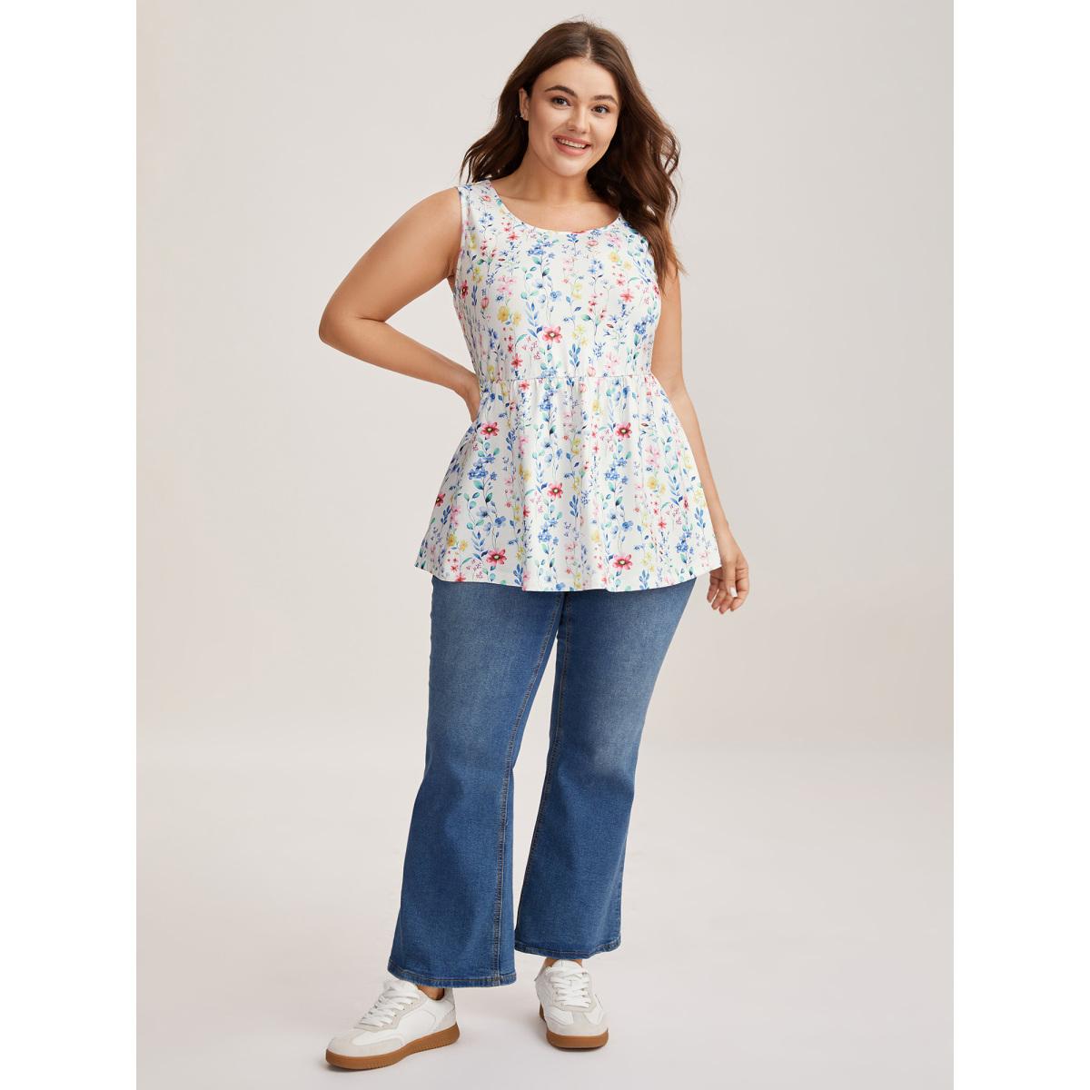 Plus Size Floral Print Stretchy Colorful Babydoll Top Women WhiteSmoke Leisure Gathered Round Neck Casual Tank Tops Camis BloomChic 18-20/2X Product Image