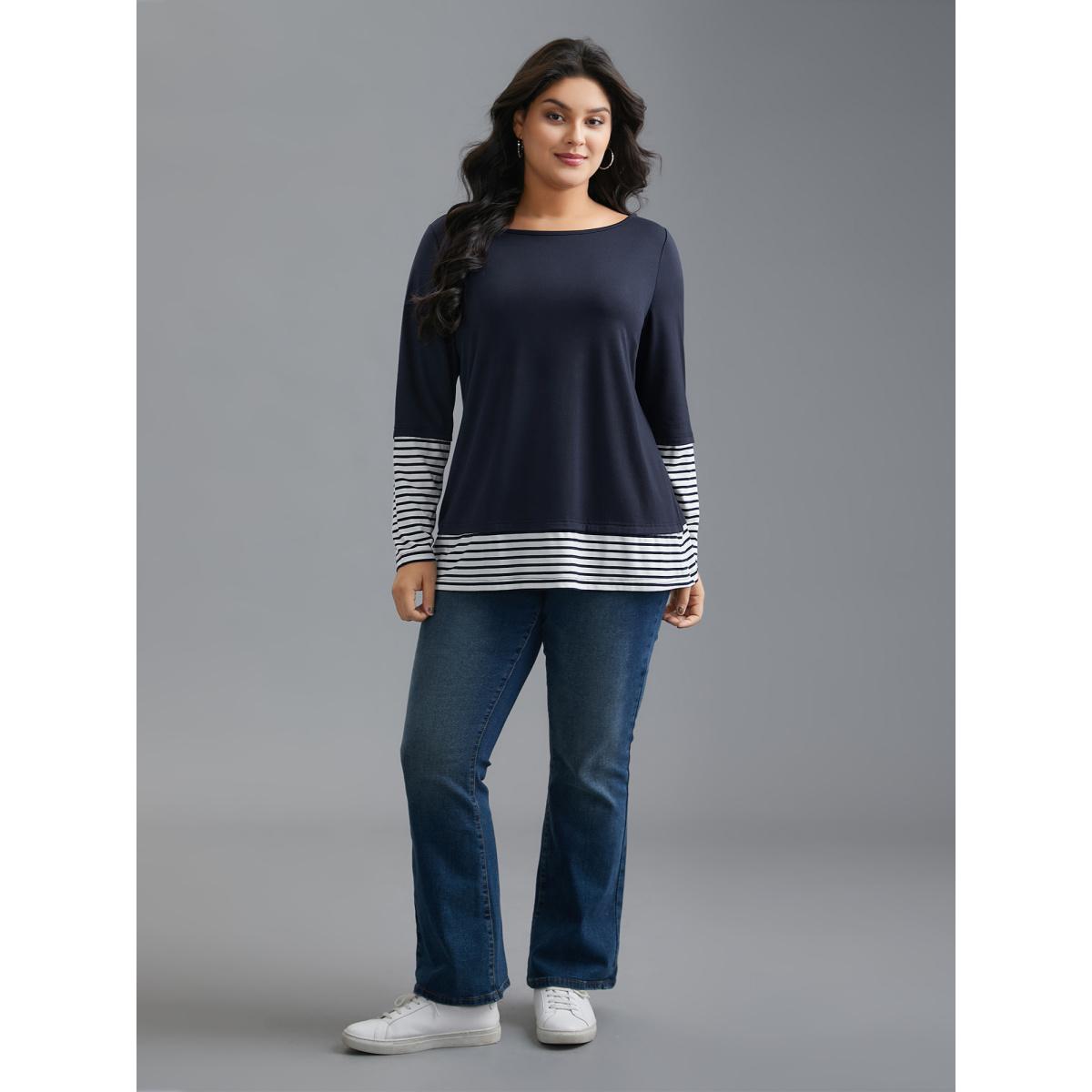 Plus Size Boat Neck Striped Patchwork T-Shirt Indigo Women Casual Contrast Boat Neck Everyday T-shirts BloomChic 28/5X Product Image