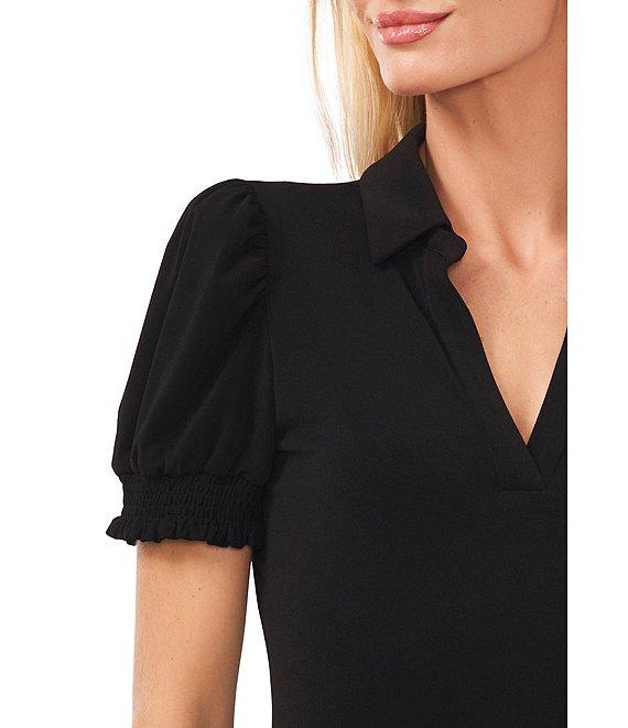 CeCe Crepe Knit Point Collar V-Neck Short Puffed Sleeve Shirt Product Image