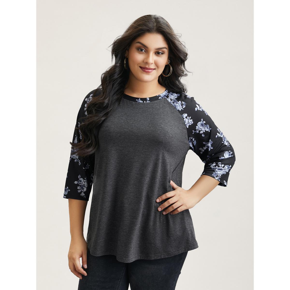 Plus Size Floral Sleeve Round Neck Flared T-Shirt DimGray Women Casual Contrast Natural Flowers Round Neck Everyday T-shirts BloomChic 18-20/2X Product Image