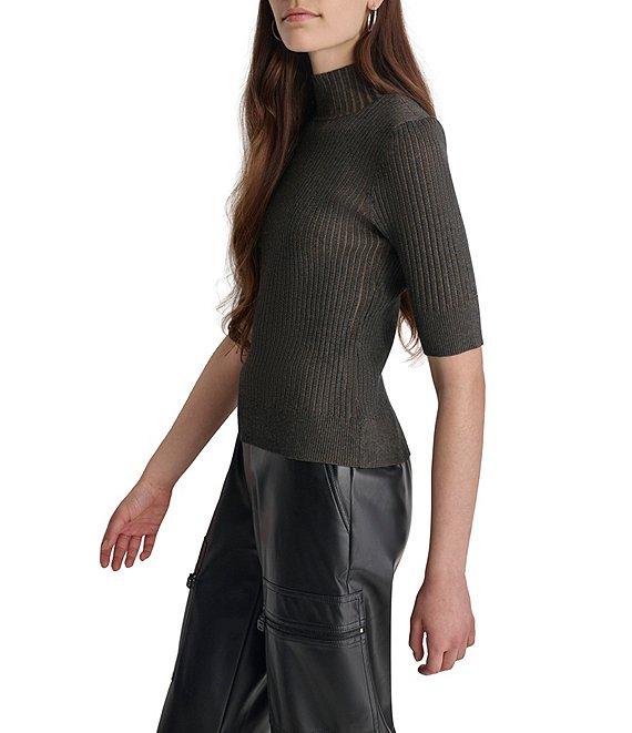 DKNY by Donna Karan Short Sleeve Mock Neck Ribbed Knit Top Product Image