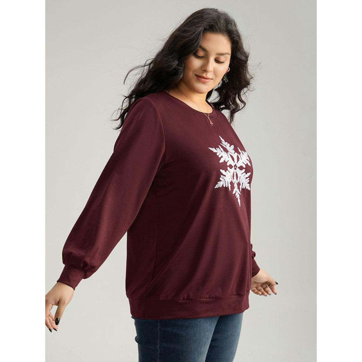 Plus Size Glitter Snowflake Round Neck Sweatshirt Women Scarlet Casual Elastic cuffs Festival-Halloween Sweatshirts BloomChic 18-20/2X Product Image