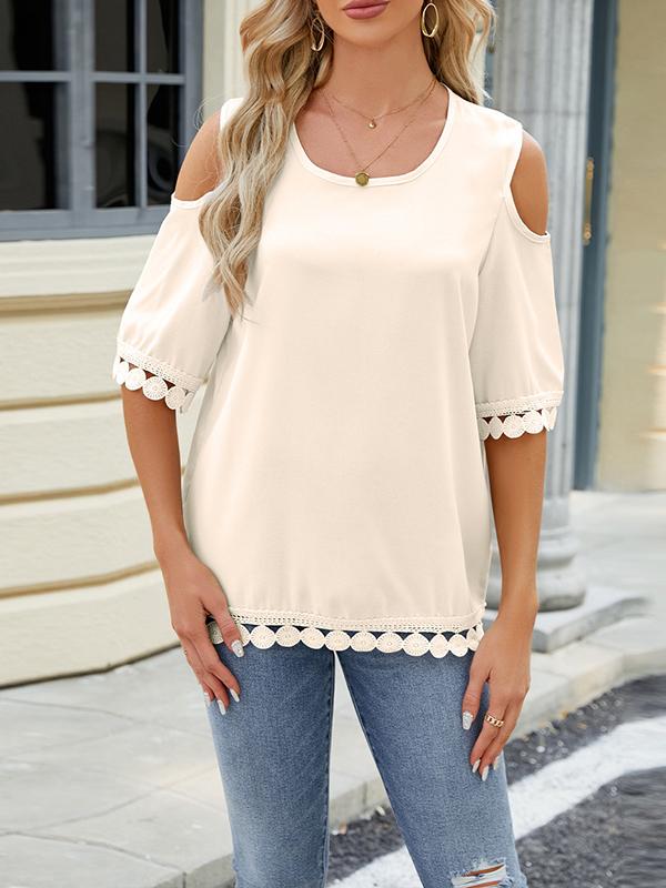 Loose Short Sleeves Solid Color Split-Joint Tasseled Cold Shoulder T-Shirts Tops Product Image