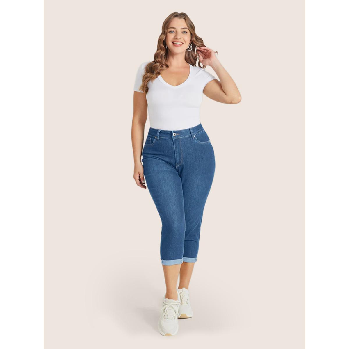 Plus Size Very Stretchy High Rise Dark Wash Cropped Jeans Women Blue Leisure Plain High stretch Slanted pocket Jeans BloomChic 26/4X Product Image