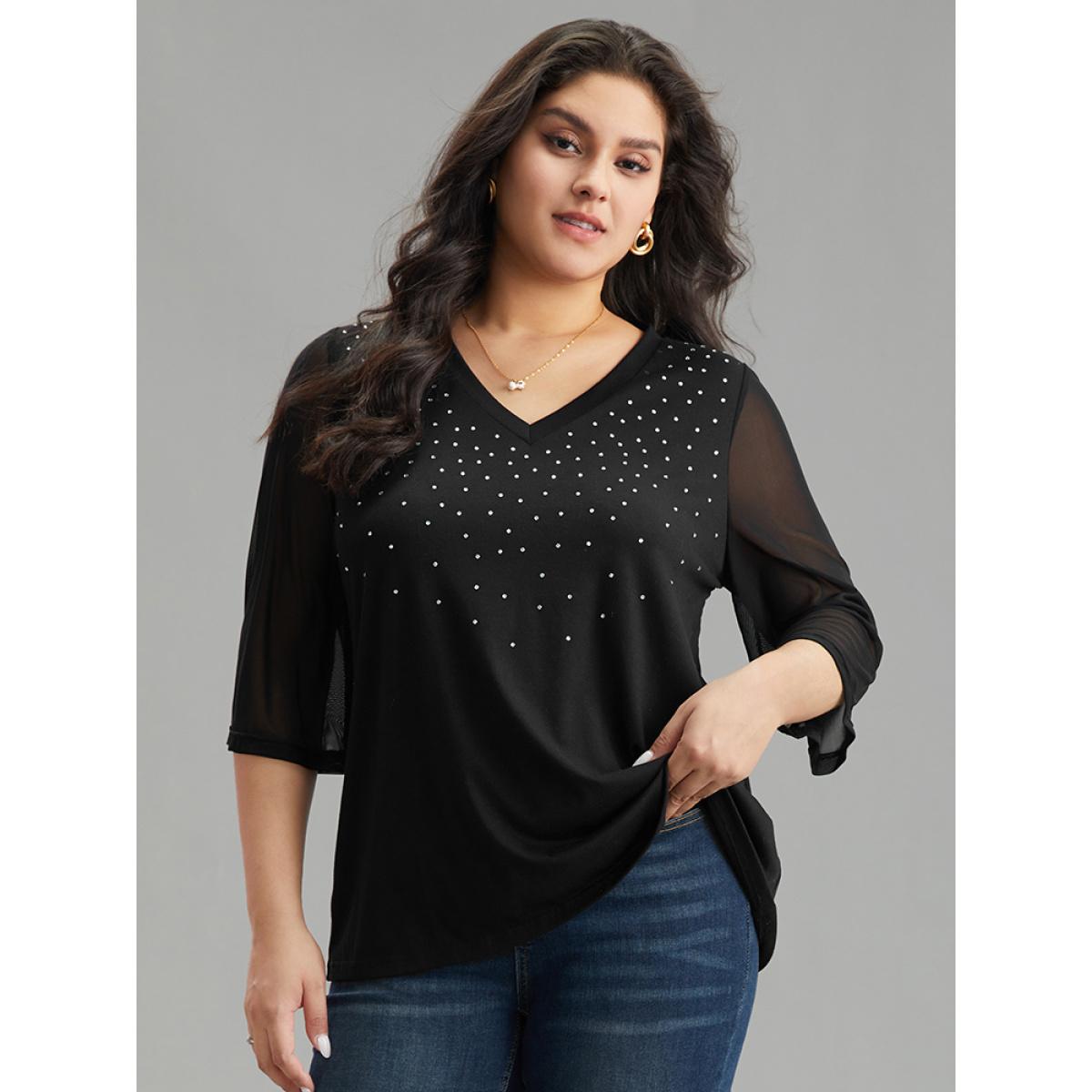 Plus Size Plain Patchwork Mesh Rhinestone Detailing T-shirt Black Women Elegant Rhinestone detailing Galaxy V-neck Dailywear T-shirts BloomChic 30/6X Product Image