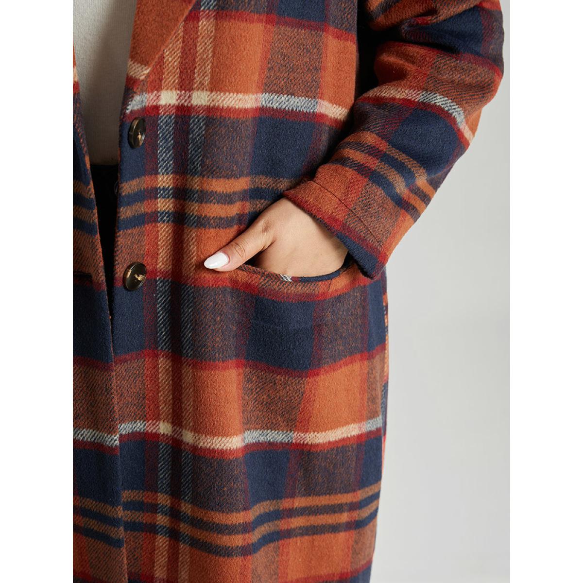 Plus Size Lapel Collar Plaid Pocket Button Up Coat Women OrangeRed Casual Contrast Ladies Dailywear Winter Coats BloomChic 28/5X Product Image
