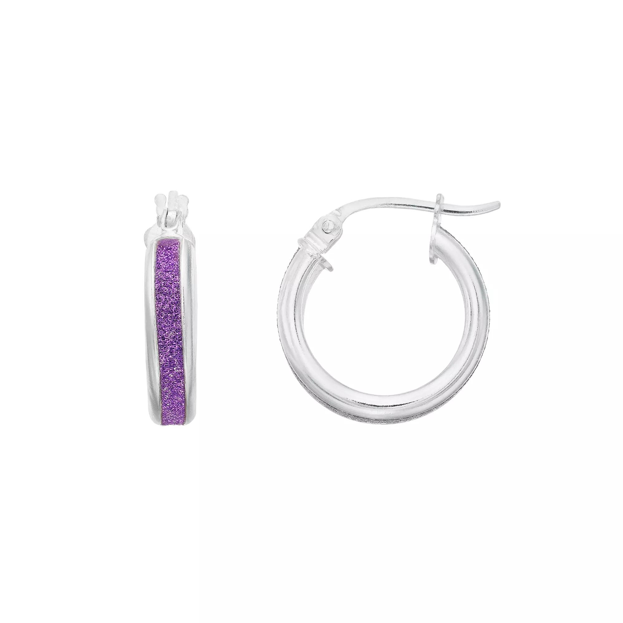 Aleure Precioso Sterling Silver Glitter Bar Hoop Earrings, Women's, Sterling Silver Purple Product Image
