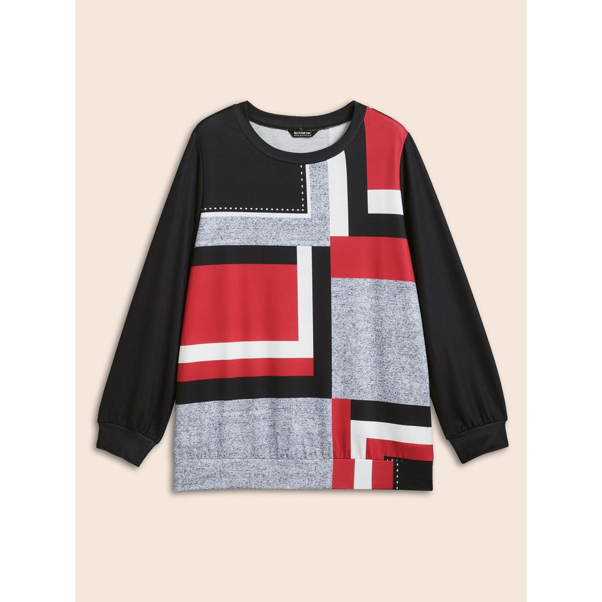 Plus Size Geometric Print Round Neck Fitted Sweatshirt Women Multicolor Casual Contrast Round Neck Everyday Sweatshirts BloomChic 14-16/1X Product Image