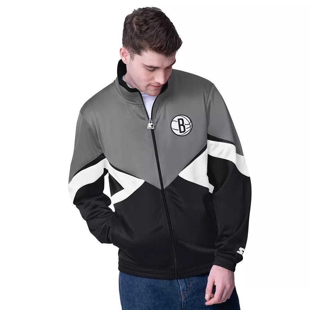 Men's Starter Gray/Black Brooklyn Nets Rush Applique Full-Zip Track Jacket, Size: 2XL, Grey Product Image