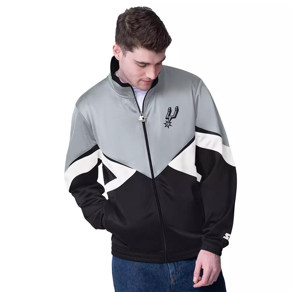 Men's Starter Silver/Black San Antonio Spurs Rush Applique Full-Zip Track Jacket, Size: 2XL Product Image