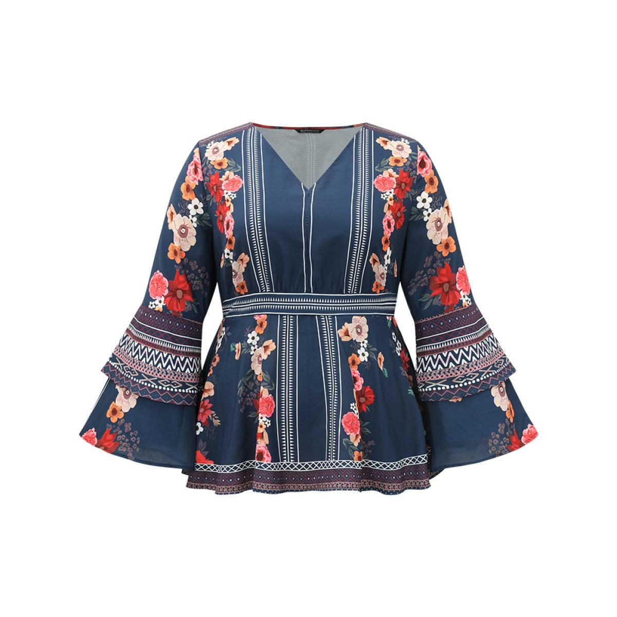 Plus Size Stone Boho Print V Neck Elastic Waist Bell Sleeve Blouse Women Vacation Long Sleeve V-neck Vacation Blouses BloomChic 28/5X Product Image