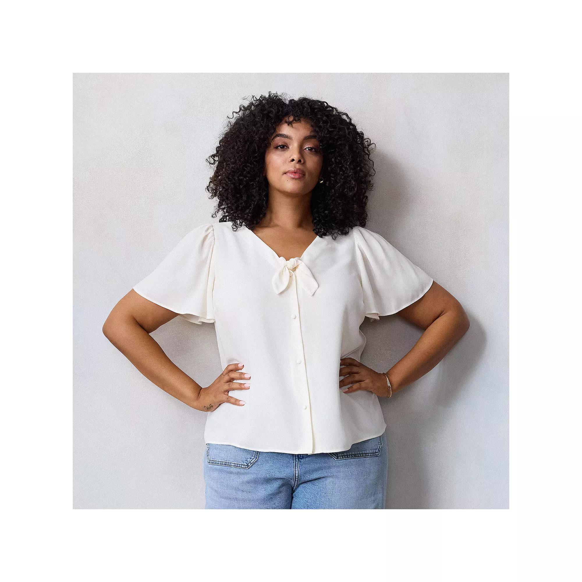 Plus Size LC Lauren Conrad Woven Tie-Front Flutter Sleeve Top, Women's, Size: 4XL, Ivory Silk Product Image