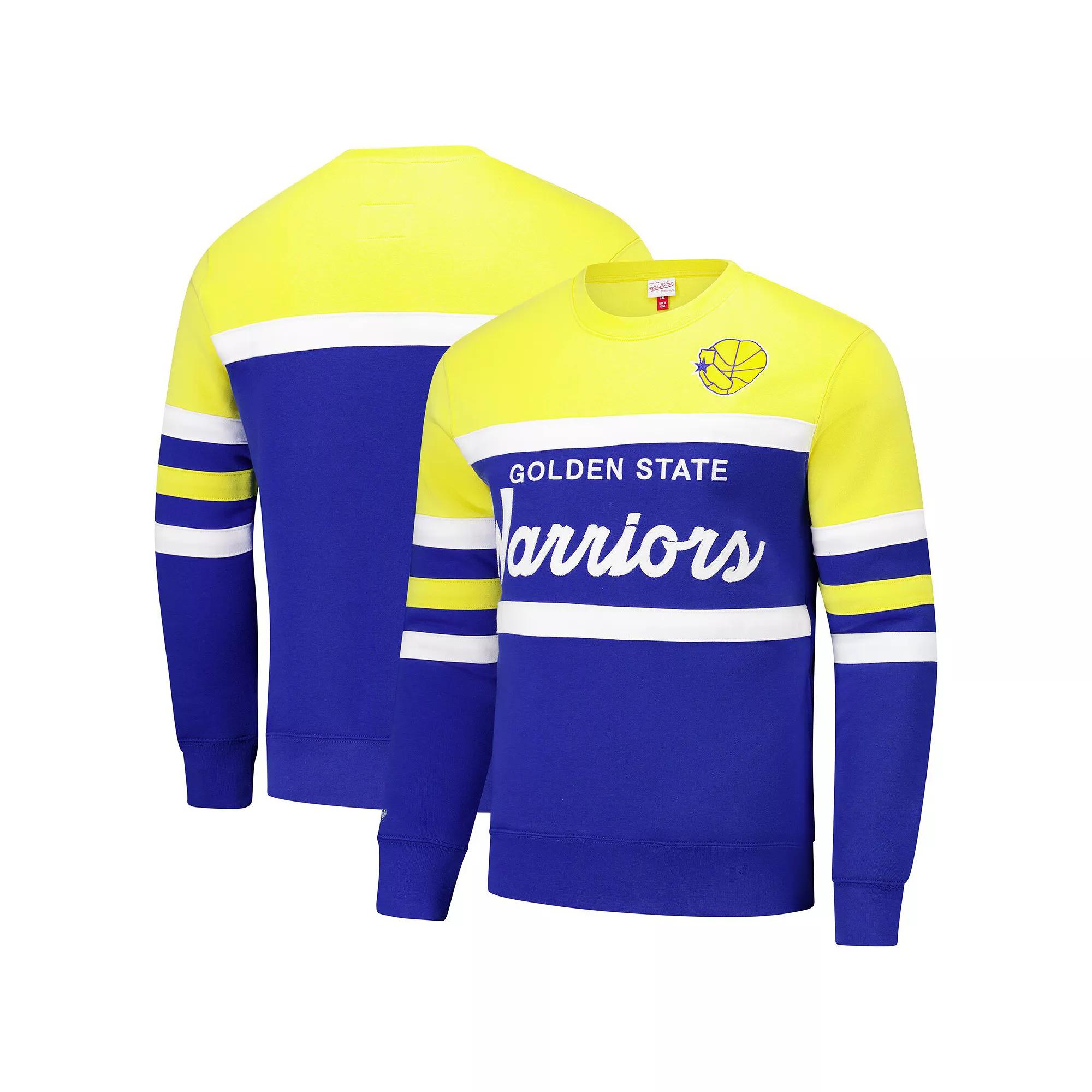 Men's Mitchell & Ness Royal/Gold Golden State Warriors Hardwood Classics Vintage Logo Head Coach Pullover Sweatshirt, Size: 3XL, Blue Product Image