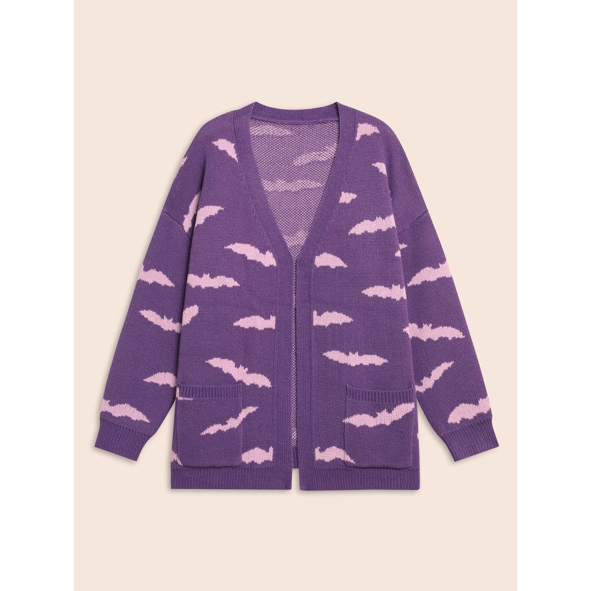 Plus Size Haunted Bats Printed Jacquard Cardigan - For Halloween Lilac Women Casual Loose Long Sleeve Everyday Cardigans BloomChic 10/M Product Image