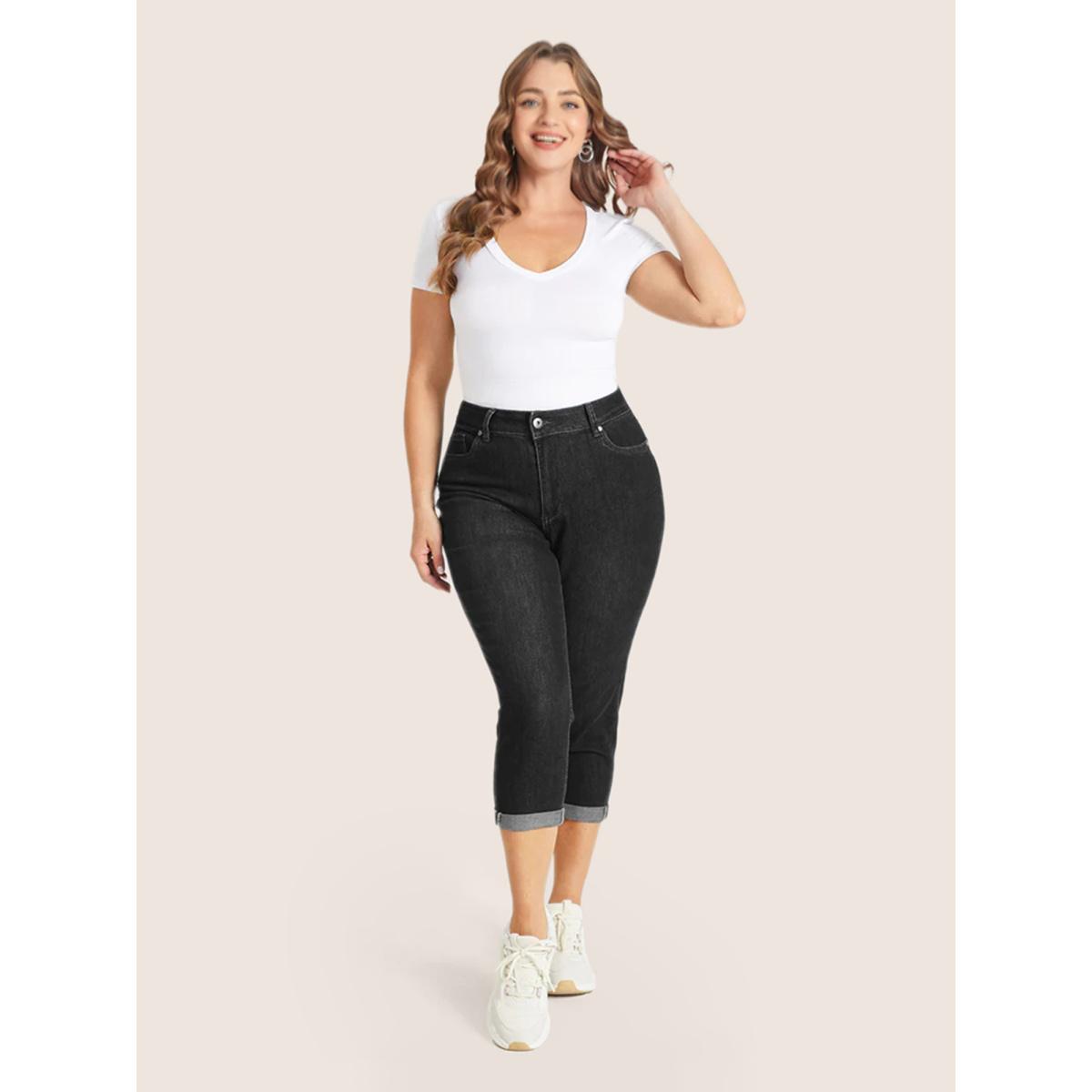 Plus Size Very Stretchy High Rise Dark Wash Cropped Jeans Women Black Casual Plain High stretch Slanted pocket Jeans BloomChic 12/L Product Image