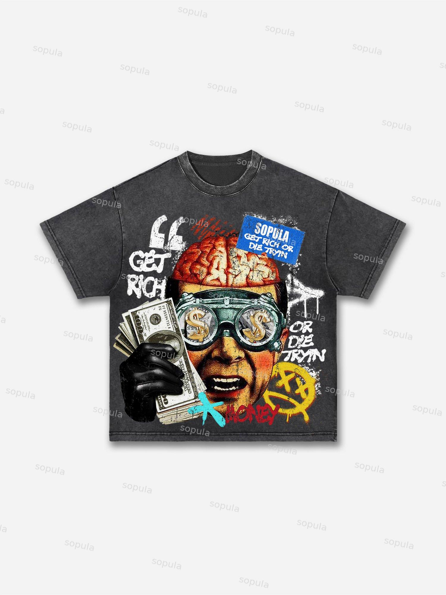 Get Rich Money Portrait Print Acid Wash T-shirt Product Image