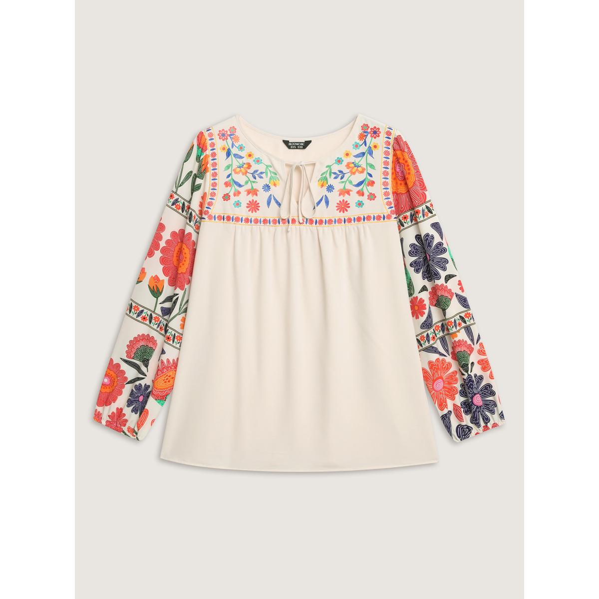 Plus Size Beige Floral Contrast Pleated Neck Tie Blouse Women Resort Long Sleeve V-neck Vacation Blouses BloomChic 18-20/2X Product Image