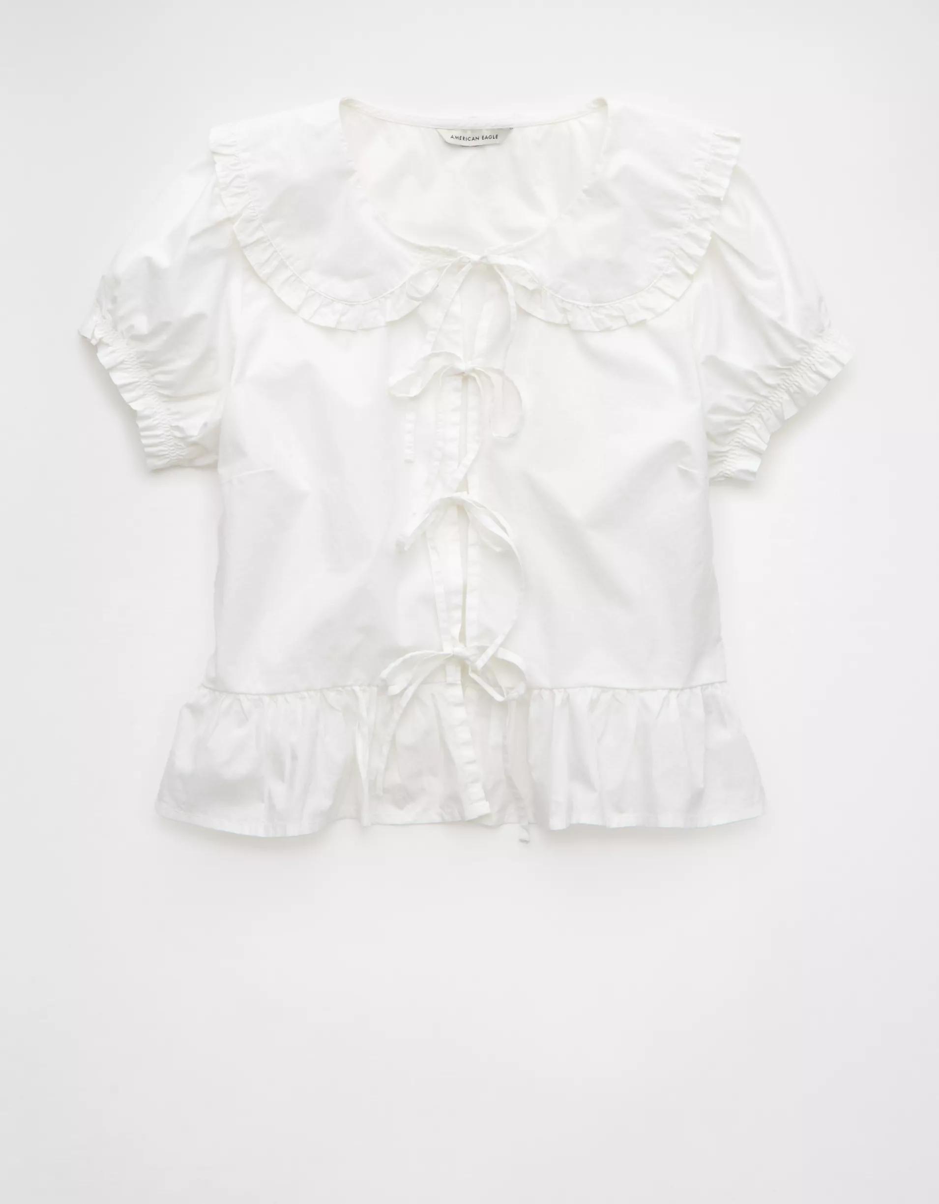 AE Collared Puff Sleeve Tie Front Blouse Product Image