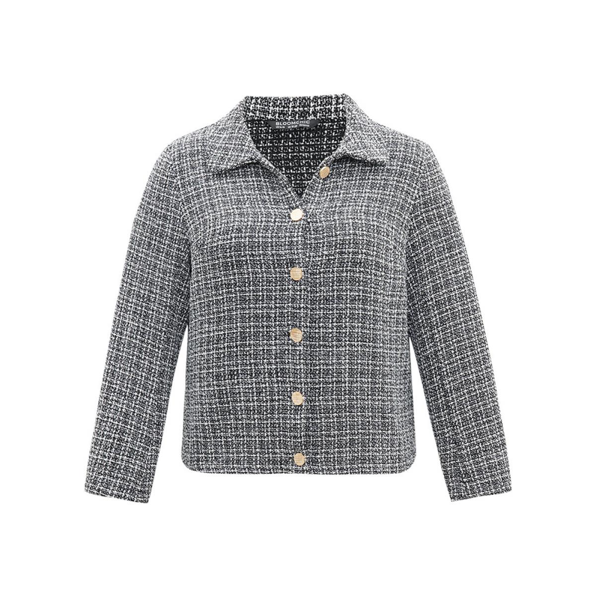 Plus Size Gingham Texture Lapel Collar Metal Detail Jacket Women Black Elegant Texture Ladies Everyday Winter Coats BloomChic 10/M Product Image