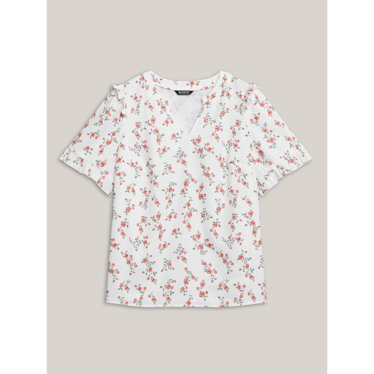 Plus Size Ivory Rosy Print Notched Collar Flowy Blouse Women Half Sleeve Notched collar Everyday-Elegant Blouses BloomChic 12/L Product Image