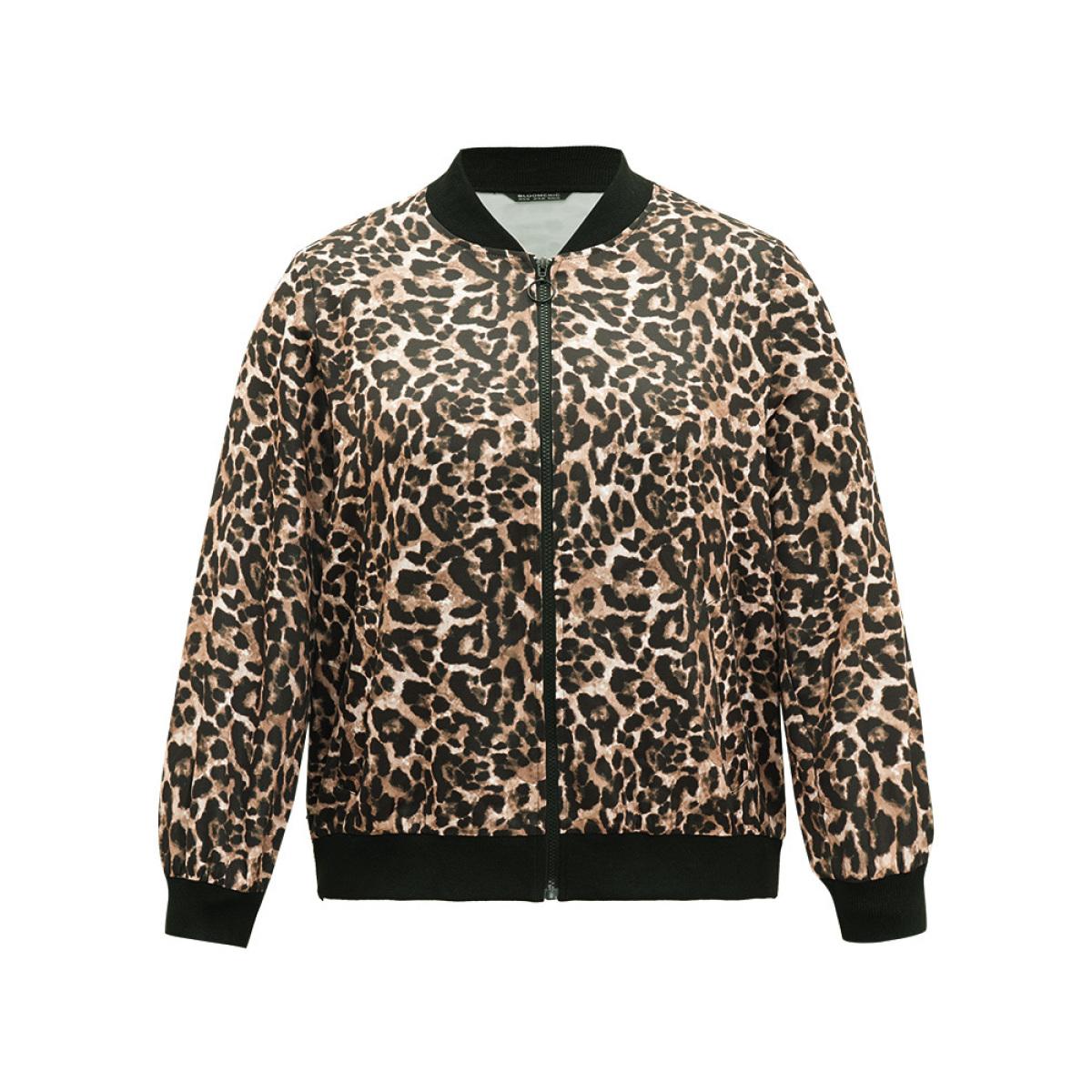 Plus Size Leopard Patchwork Zipper Pocket Jacket Women Leopard Elastic cuffs Pocket Dailywear Jackets BloomChic 12/L Product Image