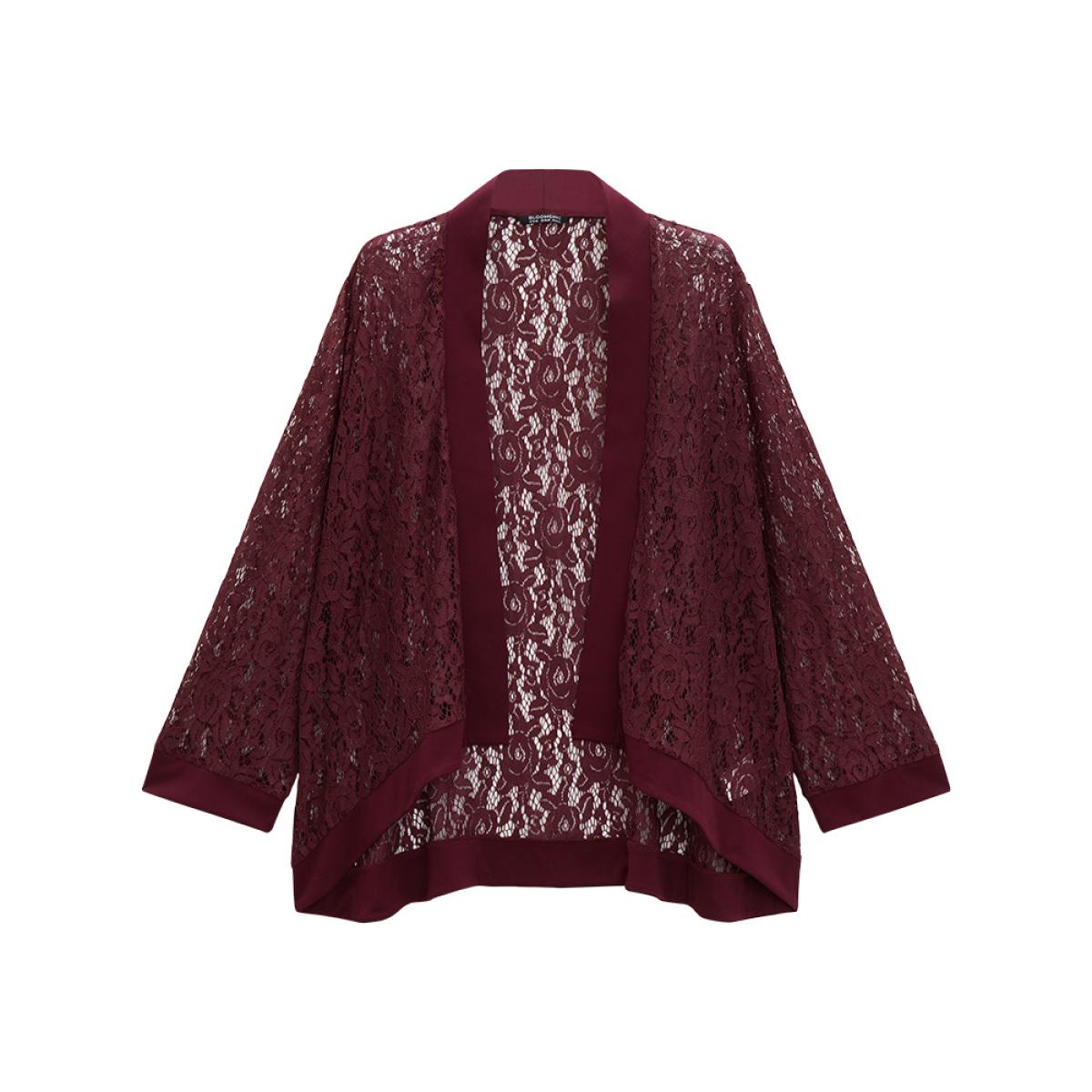 Plus Size Supersoft Essentials Crochet Lace Mesh Open Front Asymmetrical Hem Kimono Women Scarlet Casual Patchwork Loose Dailywear Kimonos BloomChic 26/4X Product Image