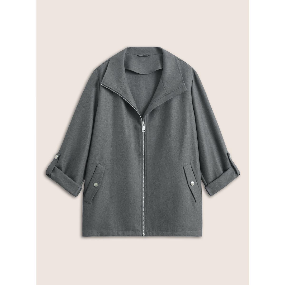 Plus Size Solid Zipper Button Detail Tab Sleeve Jacket Women DimGray Non Open pocket with flap Everyday Jackets BloomChic 14-16/1X Product Image